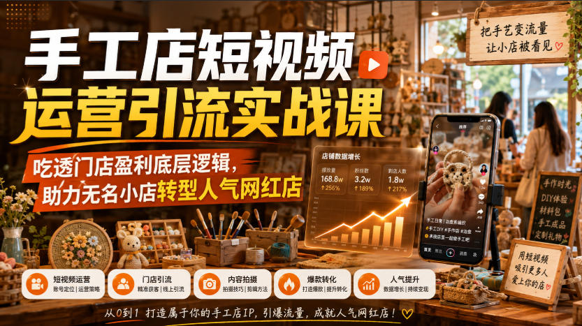 手工店短视频运营引流实战课，吃透门店盈利底层逻辑，助力无名小店转型人气网红店-智点网