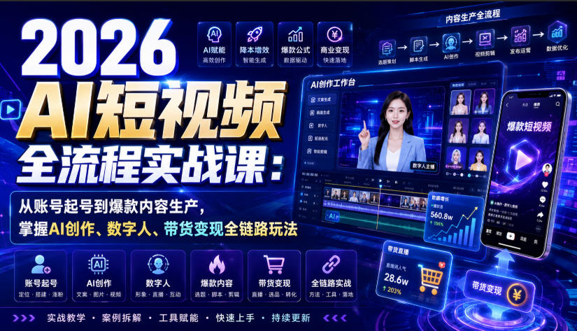 2026 AI短视频全流程实战课：从账号起号到爆款内容生产，掌握AI创作、数字人、带货变现全链路玩法-智点网