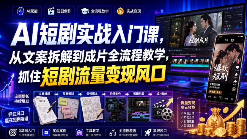 AI短剧实战入门课，从文案拆解到成片全流程教学，抓住短剧流量变现风口-智点网