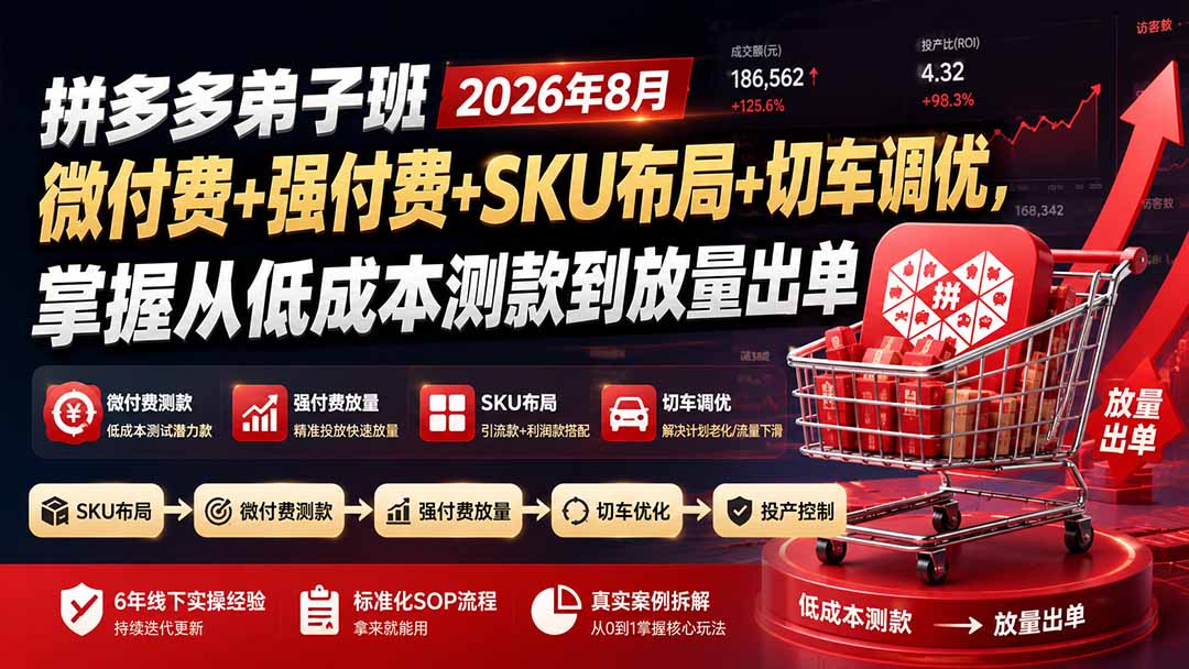 拼多多弟子班2026年8月：微付费+强付费+SKU布局+切车调优，掌握从低成本测款到放量出单-智点网