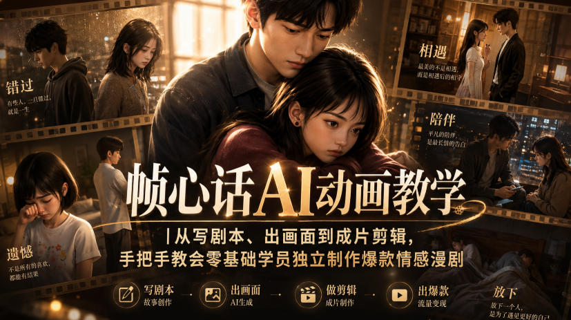 帧心话AI动画教学｜从写剧本、出画面到成片剪辑，手把手教会零基础学员独立制作爆款情感漫剧-智点网