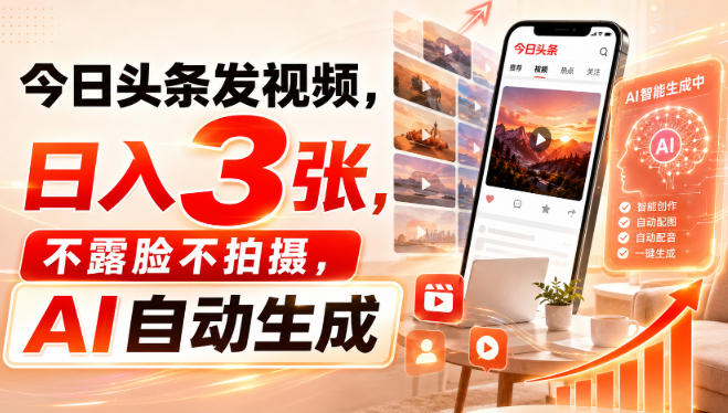 今日头条发视频，日入3张，不露脸不拍摄，AI自动生成-智点网