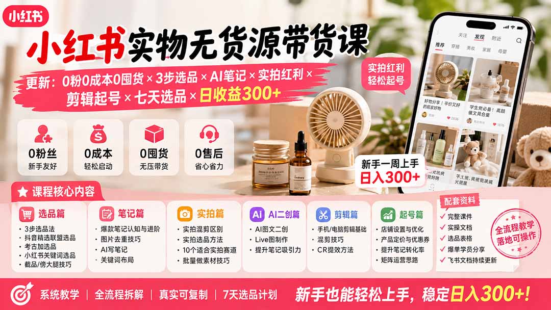 小红书实物无货源带货课-更新：0粉0成本0囤货×3步选品×AI笔记×实拍红利×剪辑起号×七天选品×日收益300+-智点网