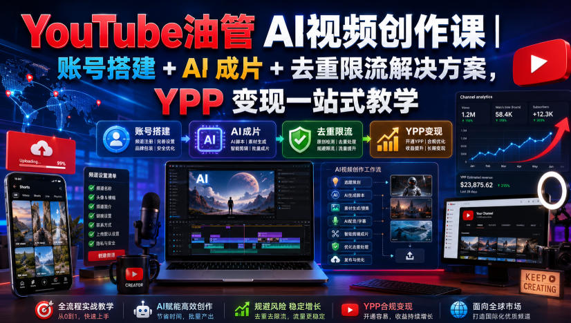 YouTube油管AI视频创作课｜账号搭建+AI成片+去重限流解决方案，YPP变现一站式教学-智点网
