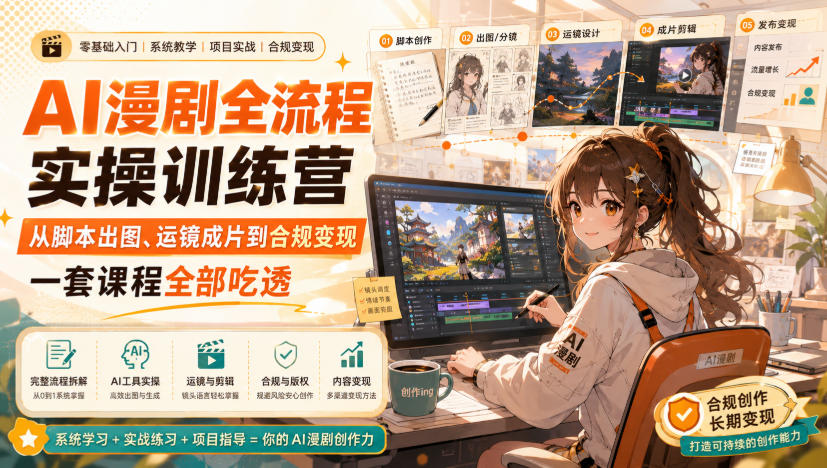 AI漫剧全流程实操训练营，从脚本出图、运镜成片到合规变现，一套课程全部吃透-智点网