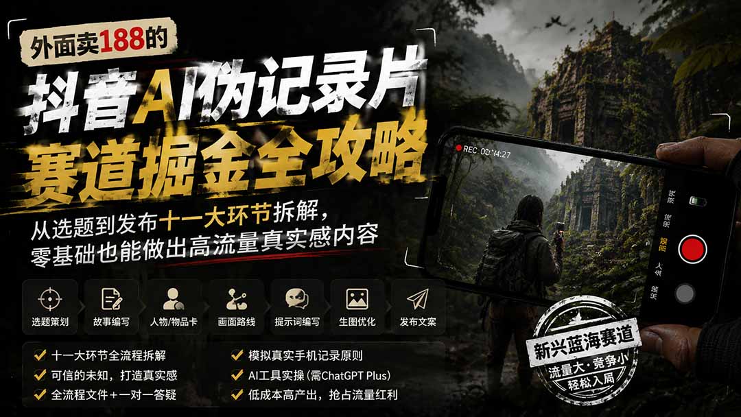 外面卖188的抖音AI伪记录片赛道掘金全攻略；从选题到发布十一大环节拆解，零基础也能做出高流量真实感内容-智点网