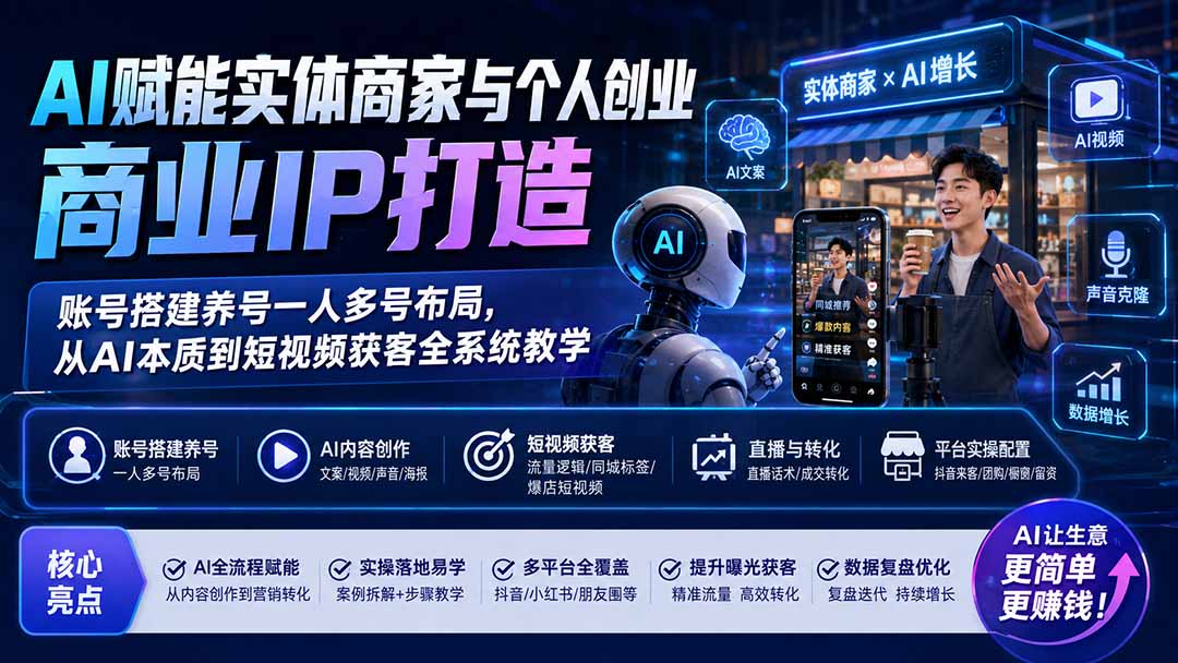 AI赋能实体商家与个人创业商业IP打造；账号搭建养号一人多号布局，从AI本质到短视频获客全系统教学-智点网