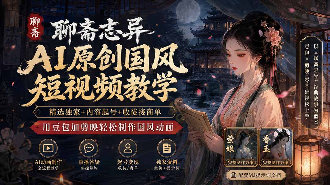 聊斋志异AI原创国风短视频教学-更新；精选独家+内容起号+收徒接商单，用豆包加剪映轻松制作国风动画-智点网