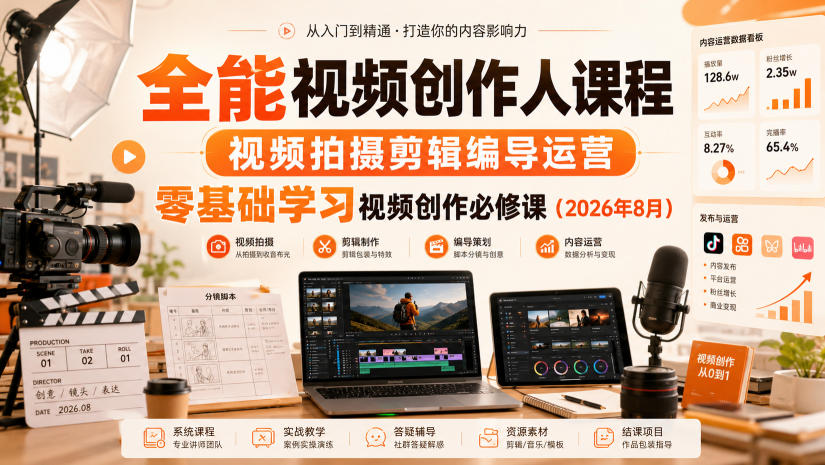 全能视频创作人课程，视频拍摄剪辑编导运营，零基础学习视频创作必修课(2026年8月)-智点网