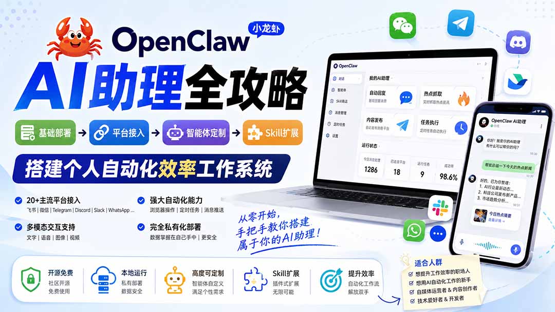 OpenClaw小龙虾 AI助理全攻略：基础部署→平台接入→智能体定制→Skill扩展，搭建个人自动化效率工作系统-智点网