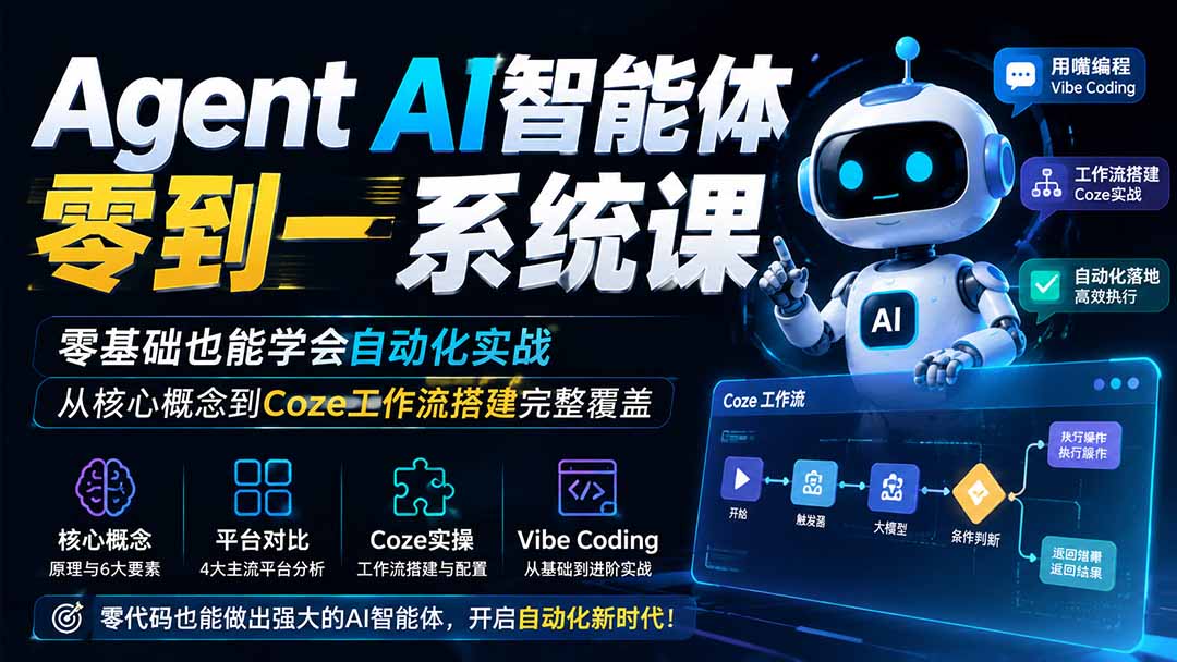 Agent AI智能体零到一系统课；零基础也能学会自动化实战，从核心概念到Coze工作流搭建完整覆盖-智点网