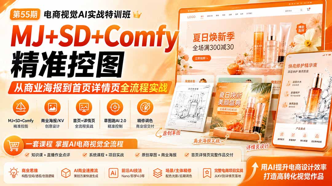 电商视觉 AI实战训练营第55期:MJ+SD+Comfy精准控图,从商业海报到首页详情页全流程实战-智点网