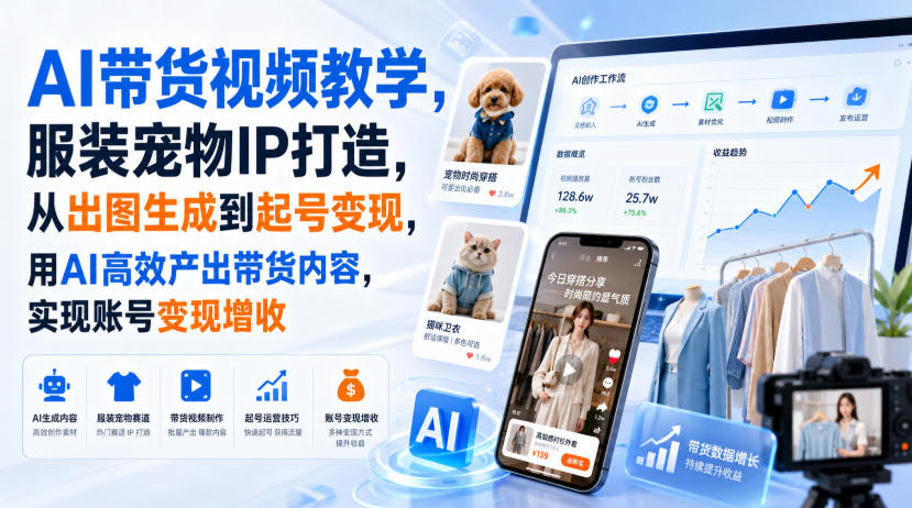 AI带货视频教学，服装宠物IP打造，从出图生成到起号变现，用AI高效产出带货内容，实现账号变现增收-智点网