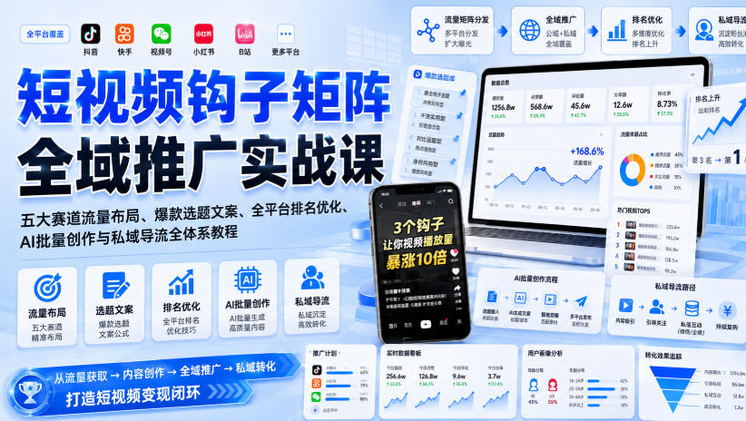 短视频钩子矩阵全域推广实战课｜五大赛道流量布局、爆款选题文案、全平台排名优化、AI批量创作与私域导流全体系教程-智点网
