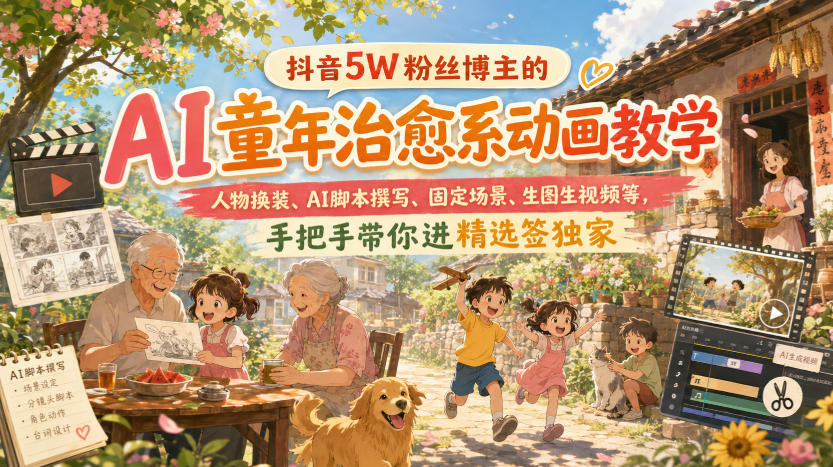 抖音5W粉丝博主的AI童年治愈系动画教学，人物换装、AI脚本撰写、固定场景、生图生视频等，手把手带你进精选签独家-智点网