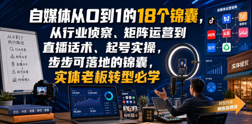 自媒体从0到1的18个锦囊，从行业侦察、矩阵运营到直播话术、起号实操，步步可落地的锦囊，实体老板转型必学-智点网