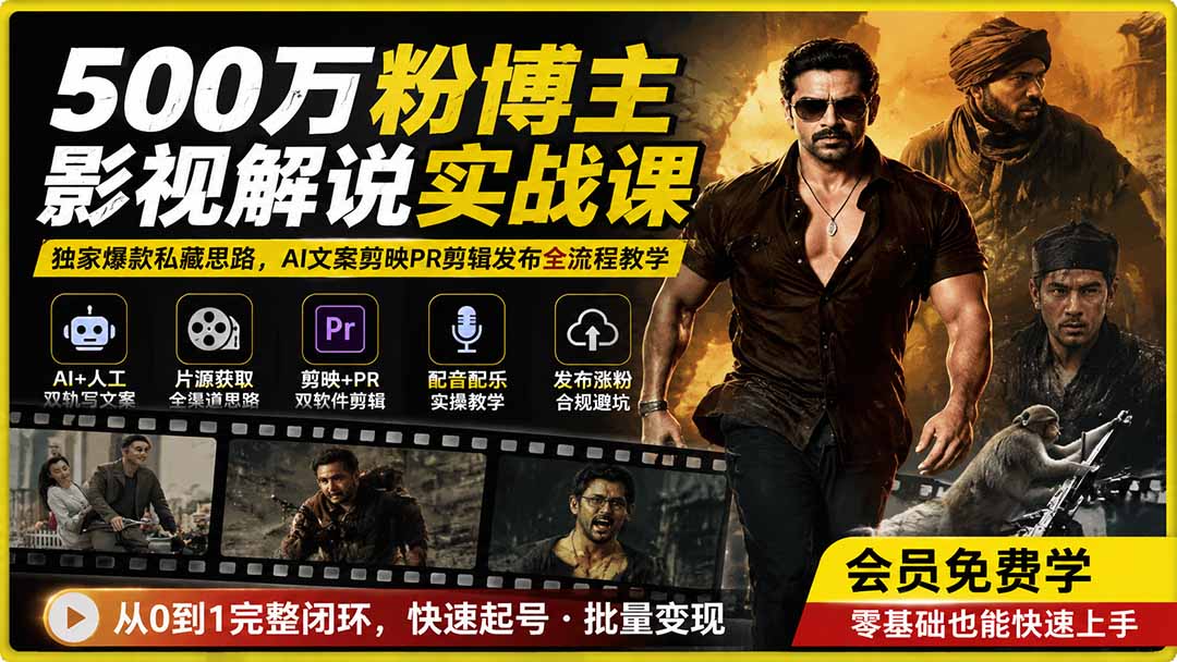 500万粉博主影视解说实战课｜独家爆款私藏思路，AI文案剪映PR剪辑发布全流程教学-智点网