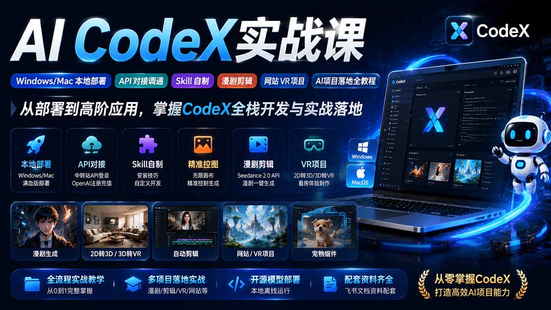 AI  CodeX实战课｜Windows/Mac 本地部署｜API 对接调通｜Skill 自制｜漫剧剪辑｜网站 VR 项目｜AI项目落地全教程-智点网