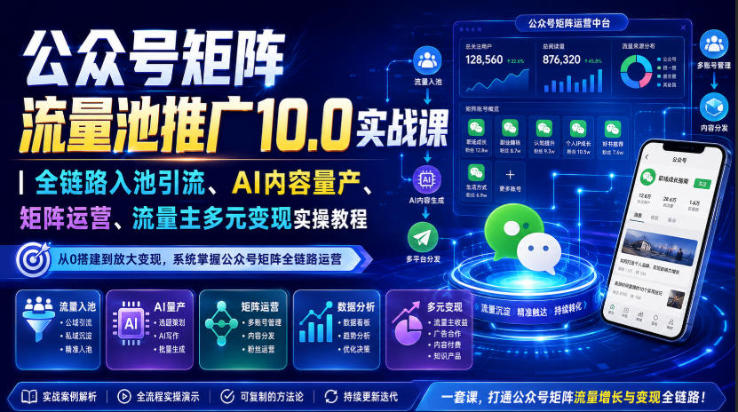 公众号矩阵流量池推广10.0实战课｜全链路入池引流、AI内容量产、矩阵运营、流量主多元变现实操教程-智点网