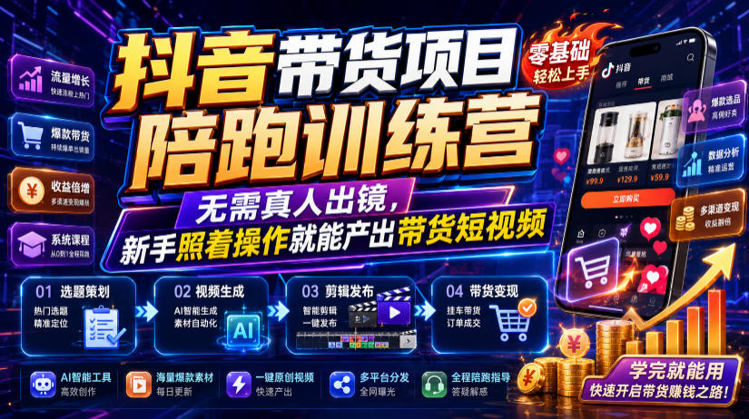 抖音带货项目陪跑训练营，无需真人出镜，新手照着操作就能产出带货短视频(更新0811)-智点网