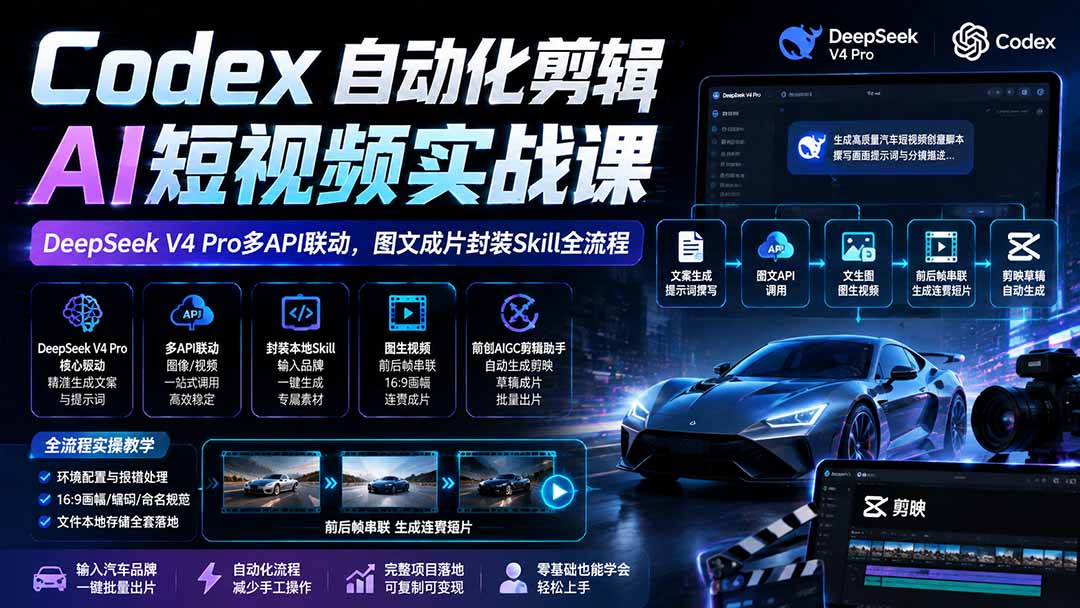Codex自动化剪辑AI短视频实战课｜DeepSeek V4 Pro多API联动，图文成片封装Skill全流程-智点网