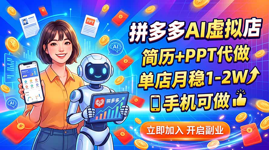拼多多AI虚拟店，简历+PPT代做，单店月稳1-2W，手机可做-智点网
