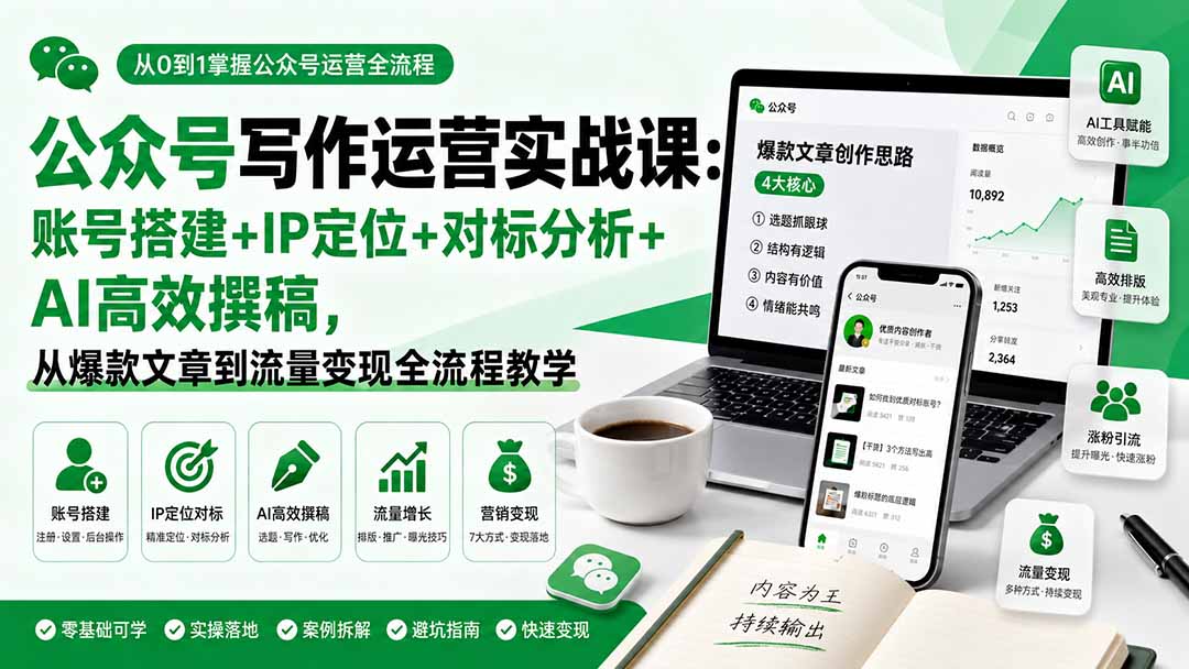 公众号写作运营实战课：账号搭建+IP定位+对标分析+AI高效撰稿，从爆款文章到流量变现全流程教学-智点网