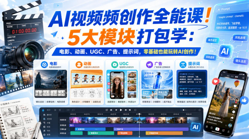AI视频频创作全能课！5大模块打包学：电影、动画、UGC、广告、提示词，零基础也能玩转AI创作！【原创双语字幕】-智点网