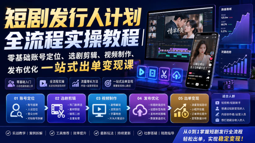 短剧发行人计划全流程实操教程｜零基础账号定位、选剧剪辑、视频制作、发布优化一站式出单变现课​-智点网