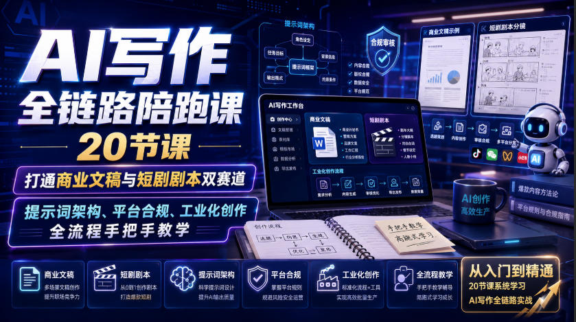 AI写作全链路陪跑课｜20节课打通商业文稿与短剧剧本双赛道，提示词架构、平台合规、工业化创作全流程手把手教学-智点网