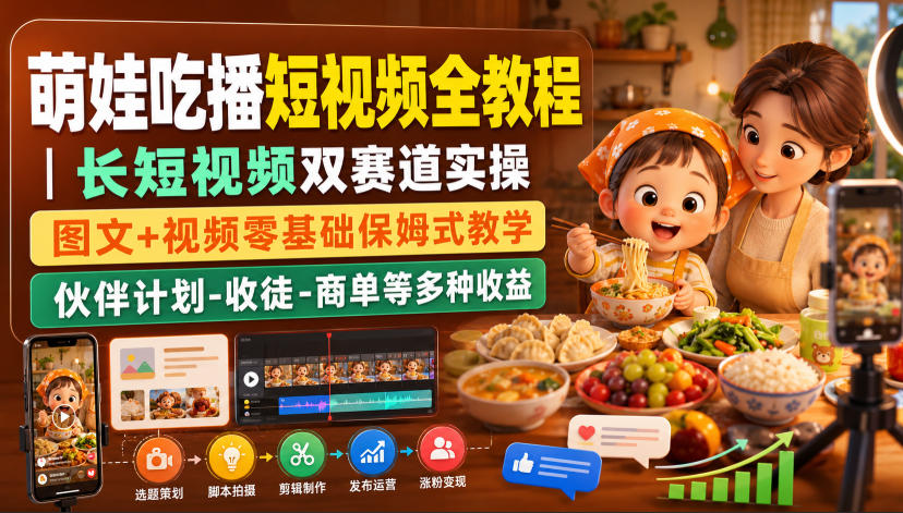 萌娃吃播短视频全教程｜长短视频双赛道实操，图文+视频零基础保姆式教学，伙伴计划-收徒-商单等多种变现方式-智点网
