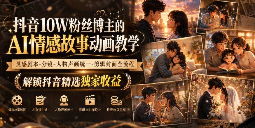 抖音10W粉丝博主的AI情感故事动画教学，灵感剧本‑分镜‑人物声画统一‑剪辑封面全流程，解锁抖音精选独家收益-智点网