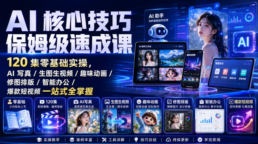 AI核心技巧保姆级速成课｜120集零基础实操，AI写真/生图生视频/趣味动画/修图排版/智能办公/爆款短视频一站式全掌握-智点网