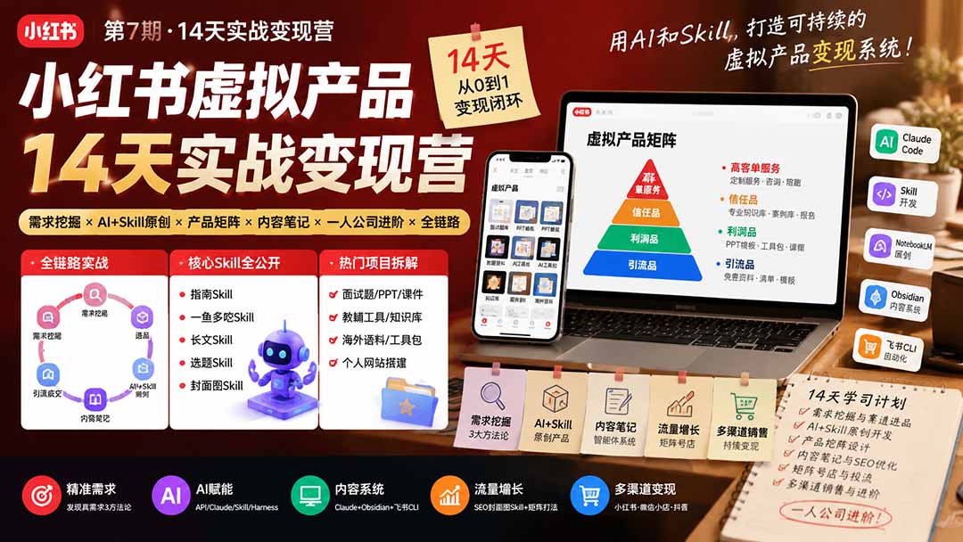 小红书虚拟产品14天实战变现营-第7期：需求挖掘×AI+Skill原创×产品矩阵×内容笔记×一人公司进阶×全链路-智点网