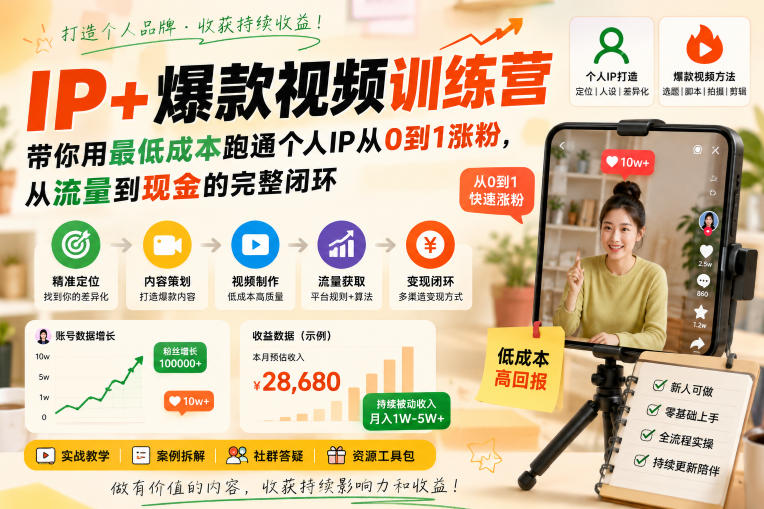 IP+爆款视频训练营，带你用最低成本跑通个人IP从0到1涨粉，从流量到现金的完整闭环-智点网
