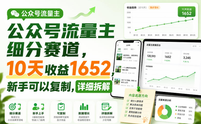 公众号流量主细分赛道，10天收益1652，新手可以复制，详细拆解-智点网