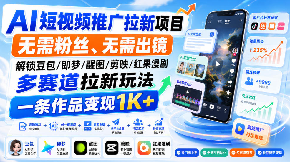 AI短视频推广拉新项目，无需粉丝、无需出镜，解锁豆包/即梦/醒图/剪映/红果漫剧多赛道拉新玩法，一条作品变现1K+-智点网