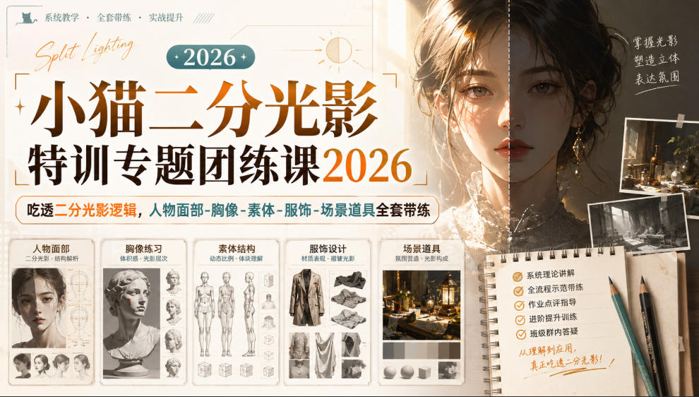 小猫二分光影特训专题团练课2026｜吃透二分光影逻辑，人物面部‑胸像‑素体‑服饰‑场景道具全套带练，高清画质附赠课件与笔刷-智点网