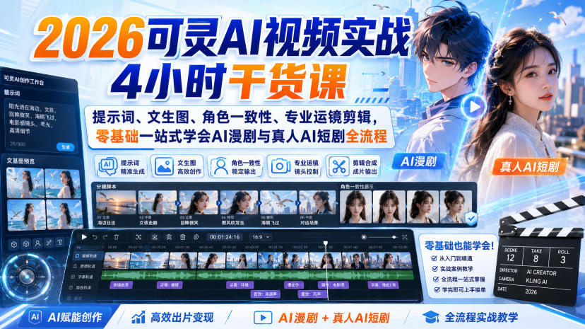 2026可灵AI视频实战4小时干货课｜提示词、文生图、角色一致性、专业运镜剪辑，零基础一站式学会AI漫剧与真人AI短剧全流程-智点网