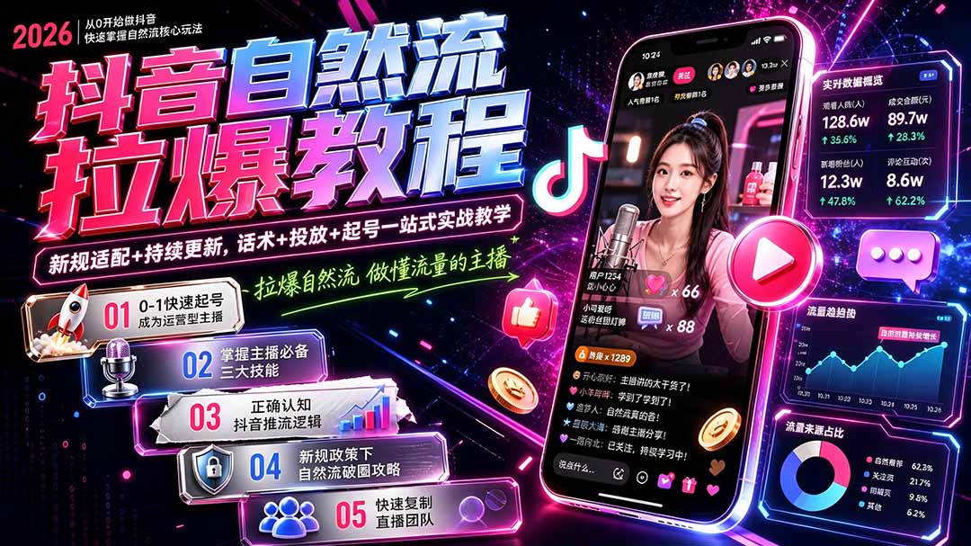 抖音自然流拉爆教程-更新8月：做懂流量的主播，新规适配+持续更新，话术+投放+起号一站式实战教学-智点网