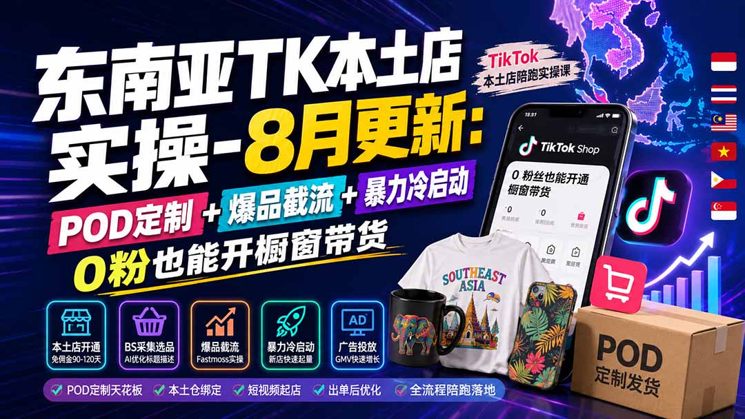 东南亚TK本土店实操-8月更新：POD定制+爆品截流+暴力冷启动，0粉也能开橱窗带货-智点网