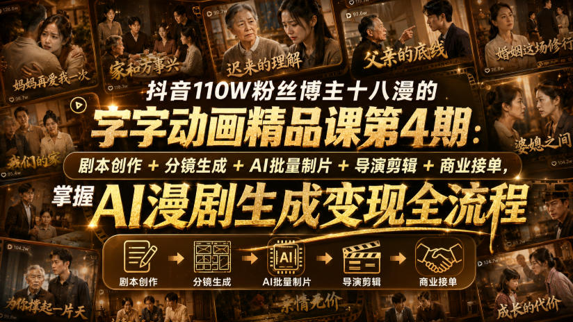抖音110W粉丝博主十八漫的字字动画精品课第4期：剧本创作+分镜生成+剪辑+商业接单，掌握AI漫剧生成变现全流程-智点网