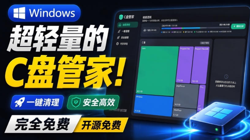 Windows超轻量的C盘管家！超级有特点，支持磁盘分析及清理提醒，2M大小体积，完全免费C盘管家-智点网