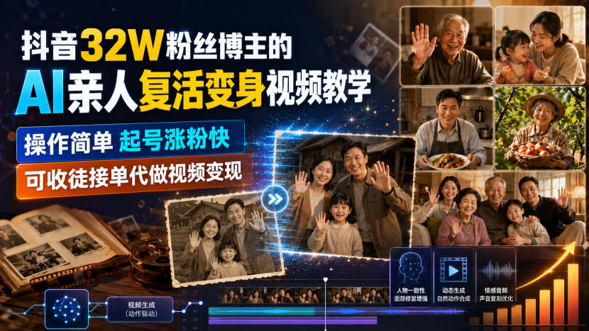 抖音32W粉丝博主的AI亲人复活变身视频教学，操作简单，起号涨粉快，可收徒接单代做视频变现-智点网