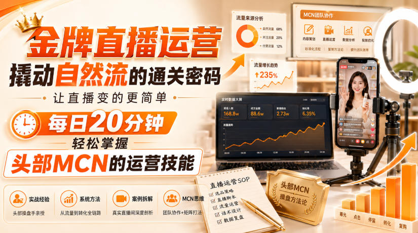 金牌直播运营撬动自然流的通关密码，让直播变的更简单，每日20分钟，轻松掌握头部MCN的运营技能-智点网