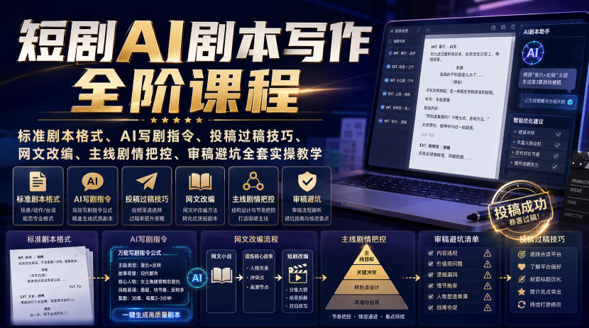 短剧AI剧本写作全阶课程｜标准剧本格式、AI写剧指令、投稿过稿技巧、网文改编、主线剧情把控、审稿避坑全套实操教学-智点网