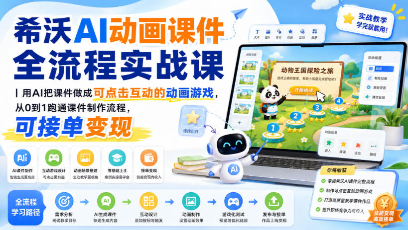 希沃AI动画课件全流程实战课｜用AI把课件做成可点击互动的动画游戏，从0到1跑通课件制作流程，可接单变现-智点网