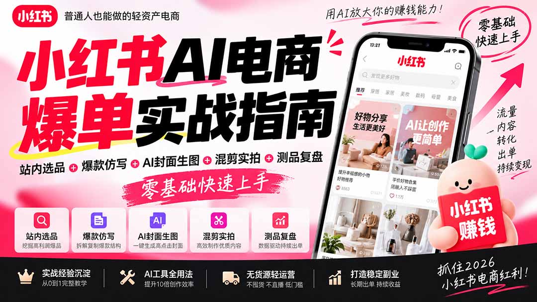 2026小红书AI电商爆单实战指南：站内选品+爆款仿写+AI封面生图+混剪实拍+测品复盘，零基础快速上手-智点网