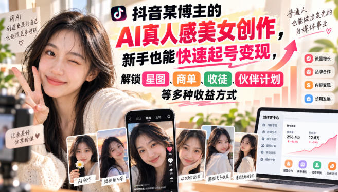 抖音某博主的AI真人感美女创作，新手也能快速起号变现，解锁星图，商单，收徒，伙伴计划等多种收益方式-智点网