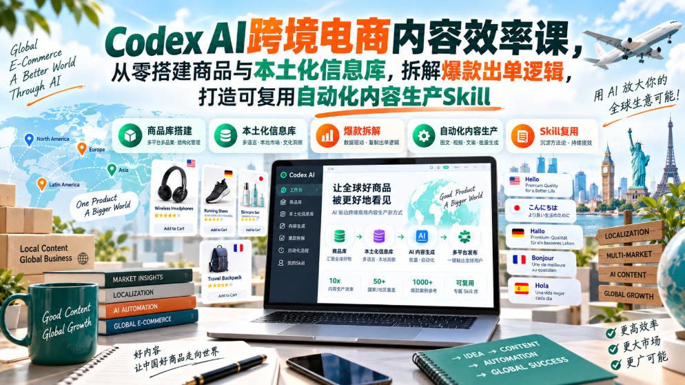 Codex AI跨境电商内容效率课，从零搭建商品与本土化信息库，拆解爆款出单逻辑，打造可复用自动化内容生产Skill-智点网